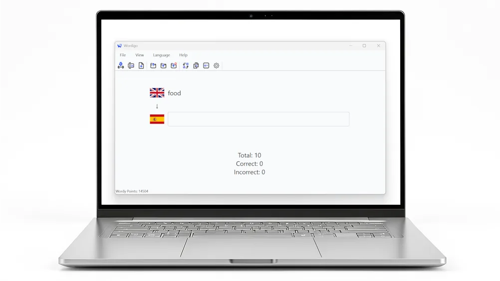Wordigo Training Mode on Windows — language flag, prompt word, answer field, and Wordy Points in the status bar