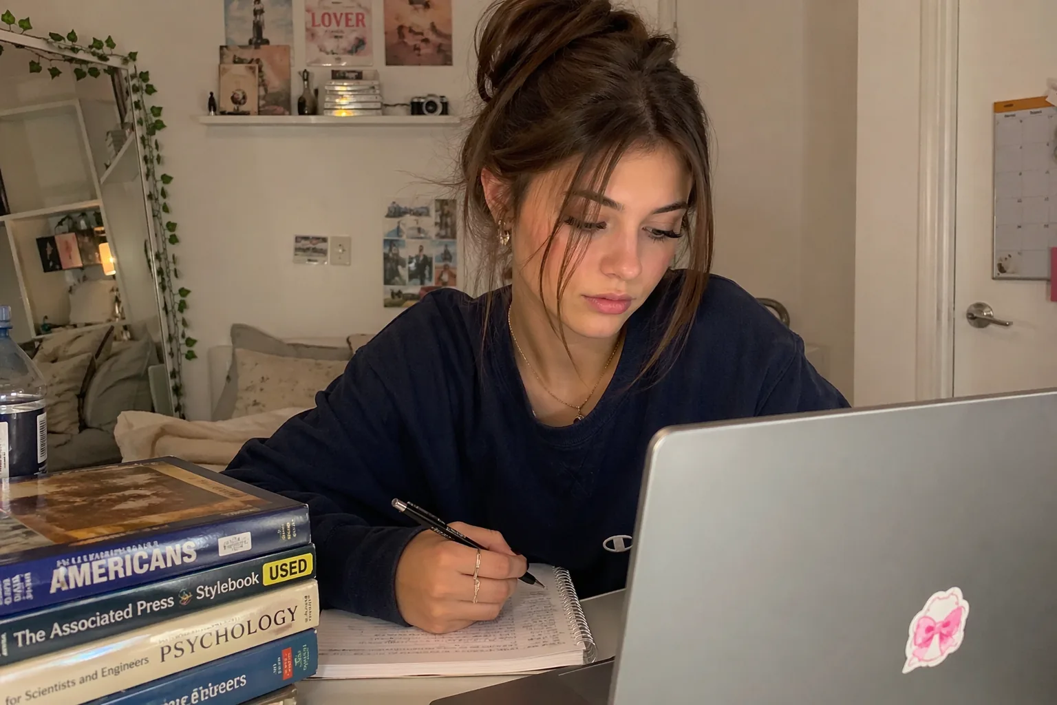 Student studying calmly at a desk with a laptop