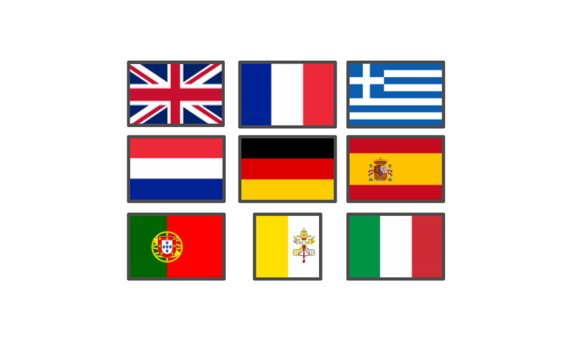 Nine language flags for the languages Wordigo supports